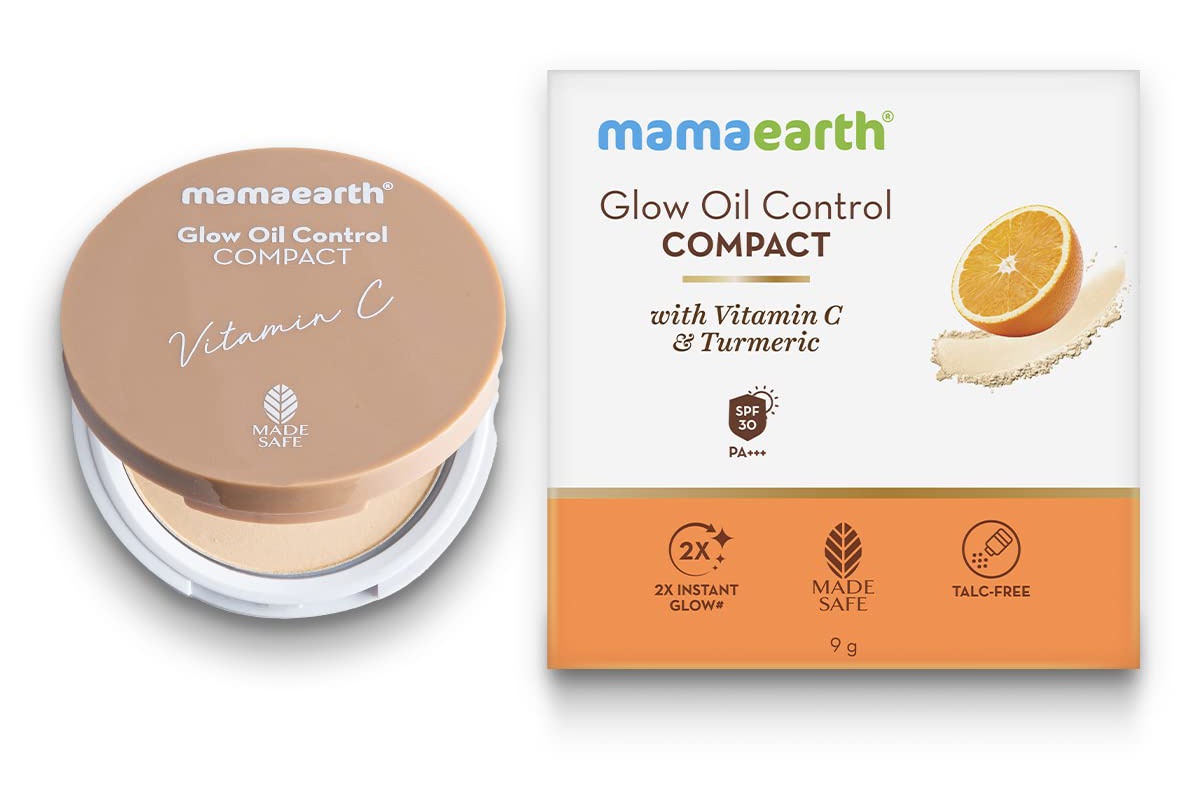 Mamaearth Glow Oil Control Compact Powder SPF 30 With Vitamin C & Turmeric For 2x Instant Glow, Radiant Finish