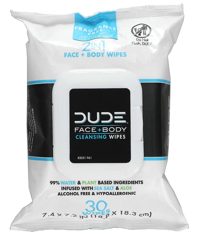 Dude Face + Body Cleansing Wipes, Fragrance Free