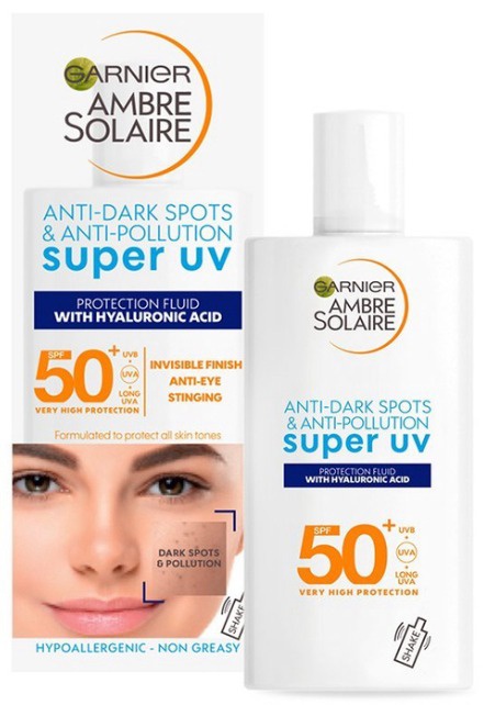 Garnier Ambre Solaire 50+ (Explained) Protection Anti-Pollution SPF UV & Anti-Dark Fluid Super Spots ingredients