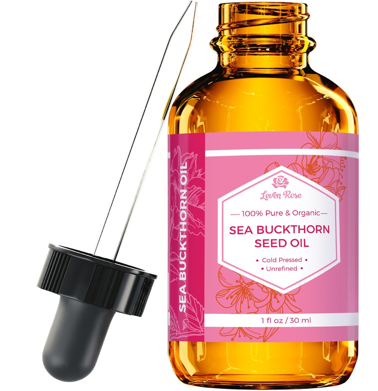 Leven Rose Sea Buckthorn Seed Oil, 100% Pure Unrefined Cold Pressed Anti Aging Acne Treatment For Hair Skin And Nails