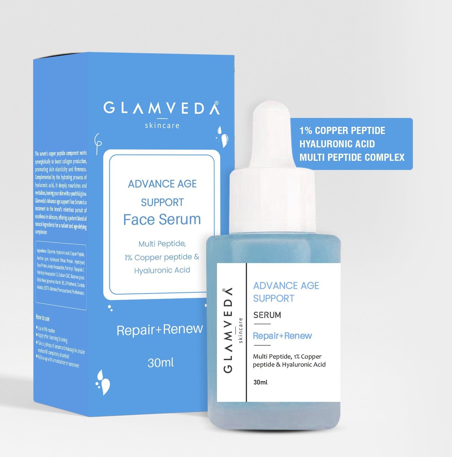 Glamveda 1% Copper Peptide With Multi Peptide & Hyaluronic Acid Advance Age Support Face Serum