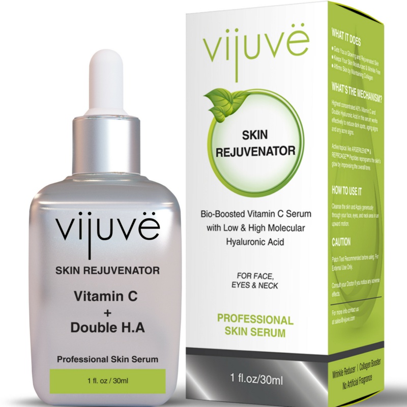 VIJUVE 45% Vitamin C Serum With Double Hyaluronic Acid And Collagen Peptides For Face, Eyes, Neck And Chest