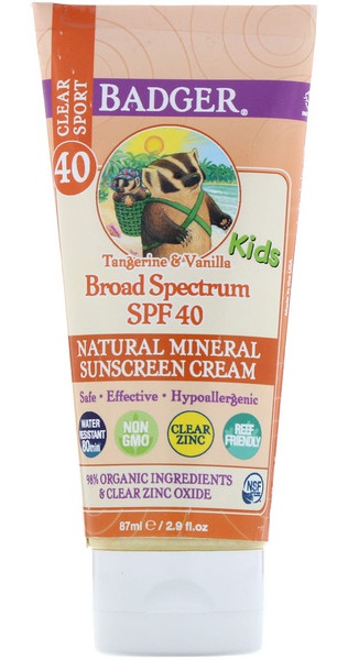 Badger Company Clear Sport, Kids, Natural Mineral Sunscreen Cream, Spf 40, Tangerine & Vanilla