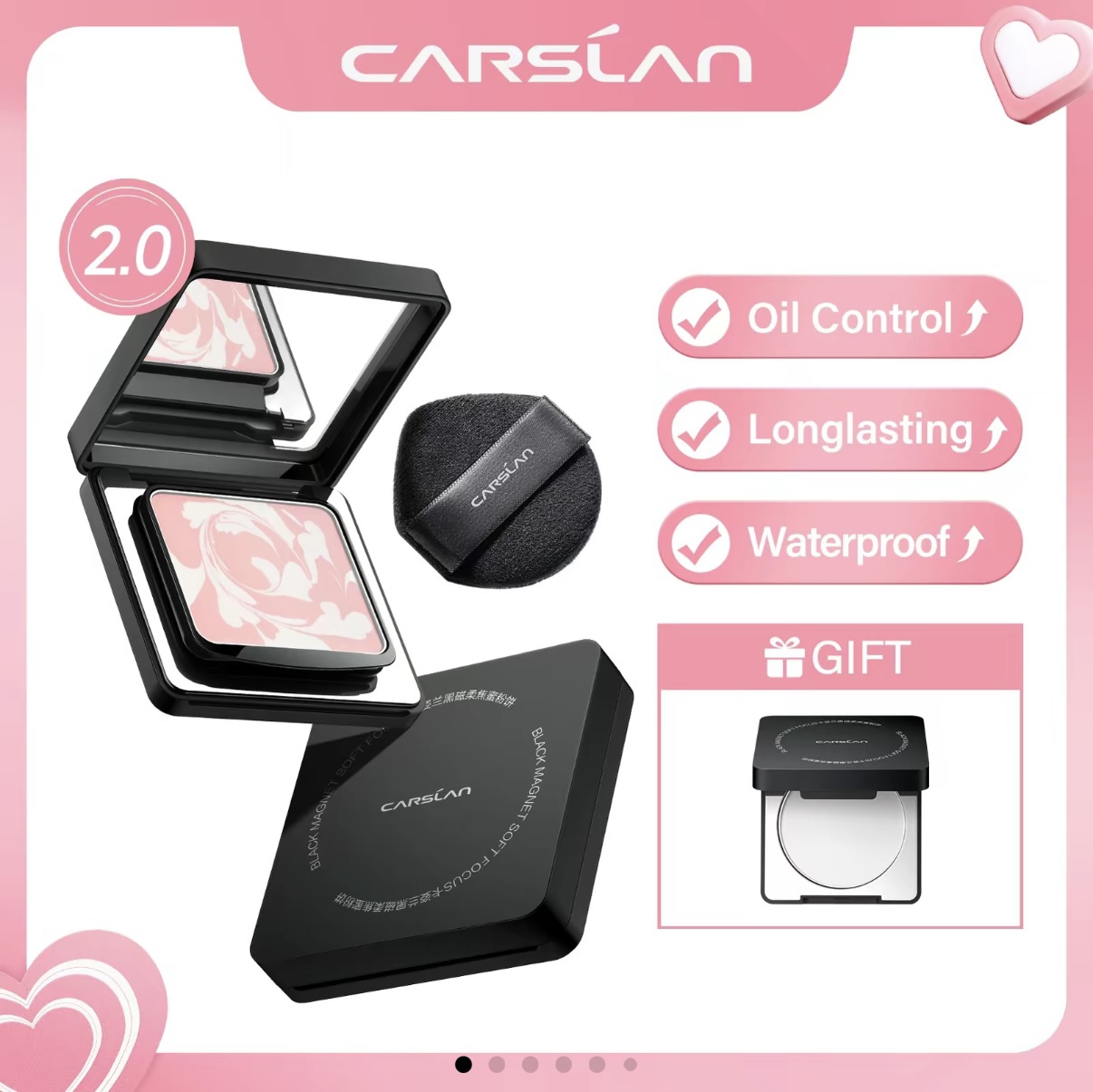 Carslan [2.0] Black Magnet Soft Focus Powder, 24h Longlasting Translucent Pressed Setting Powder, Oil Control, Waterproof, Sweatproof, Poreless Powder