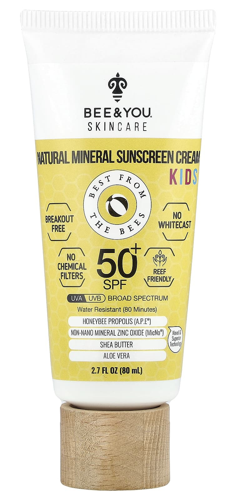 Bee & You Mineral Sunscreen Cream, SPF 50+, 2.7 Fl Oz (80 Ml)