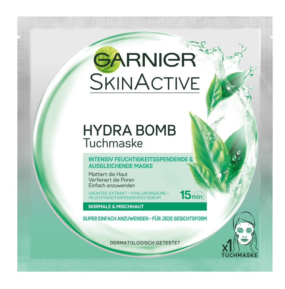 Garnier Skinactive Hydra Bomb Tuchmaske Grüntee + Hyaluronsäure + Feuchtigkeitspendendes Serum