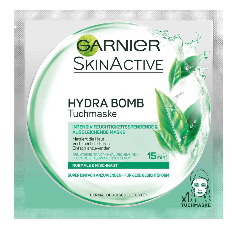 Garnier Skinactive Hydra Bomb Tuchmaske Grüntee + Hyaluronsäure + Feuchtigkeitspendendes Serum
