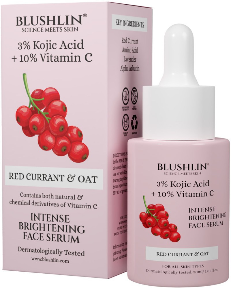 BLUSHLIN 3% Kojic Acid Serum For Whitening And Glowing Skin With 10% Vitamin C & Ginseng