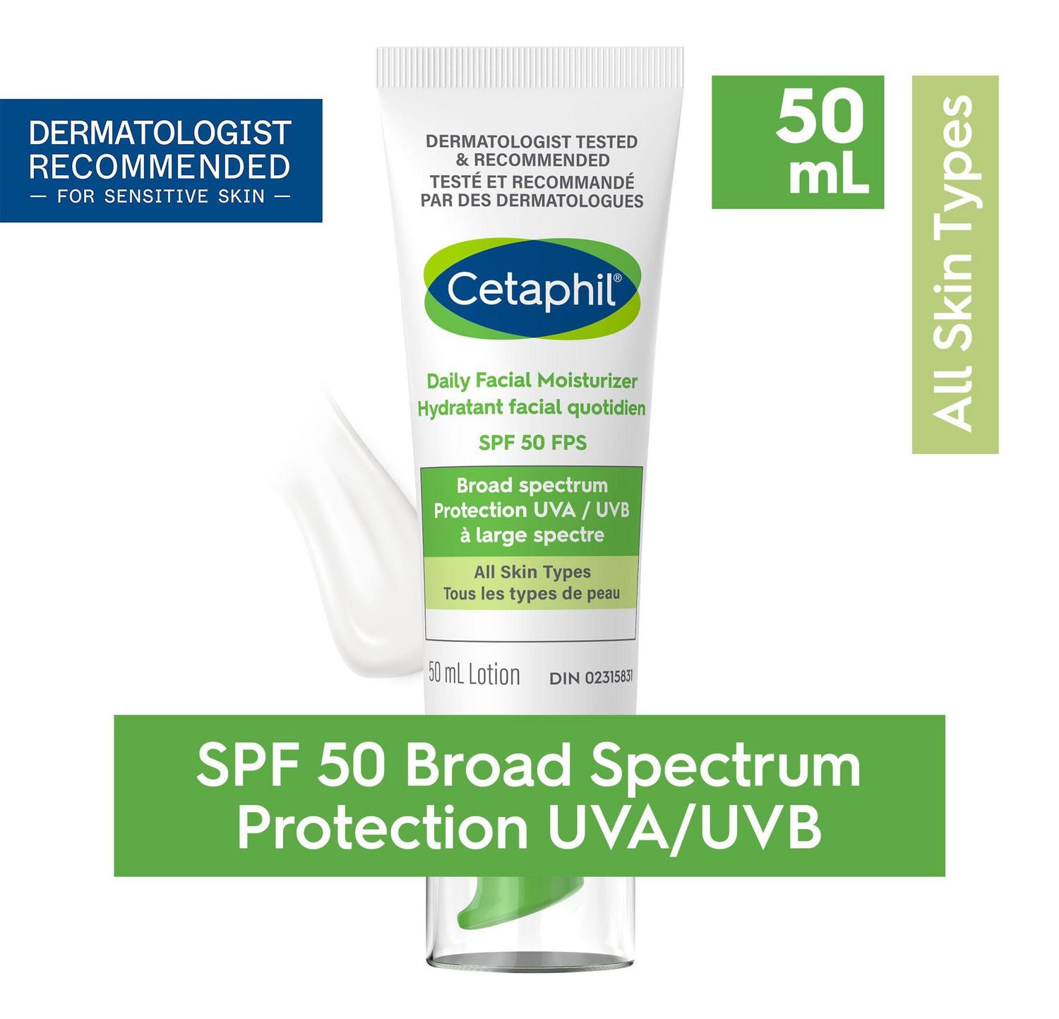 Cetaphil Daily Facial Moisturizer SPF 50 - For Sensitive Skin - Oil Free And Non Greasy - Lightweight Lotion With Broad Spectrum Protection - Dermatologist Recommended