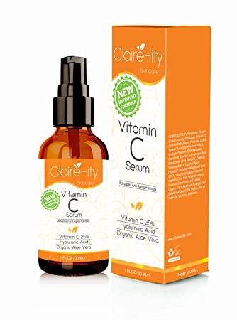 Claire-ity 25% Vitamin C Serum with Hyaluronic Acid and Vitamin E, Organic Topical Anti-Aging Moisturizing Facial Serum
