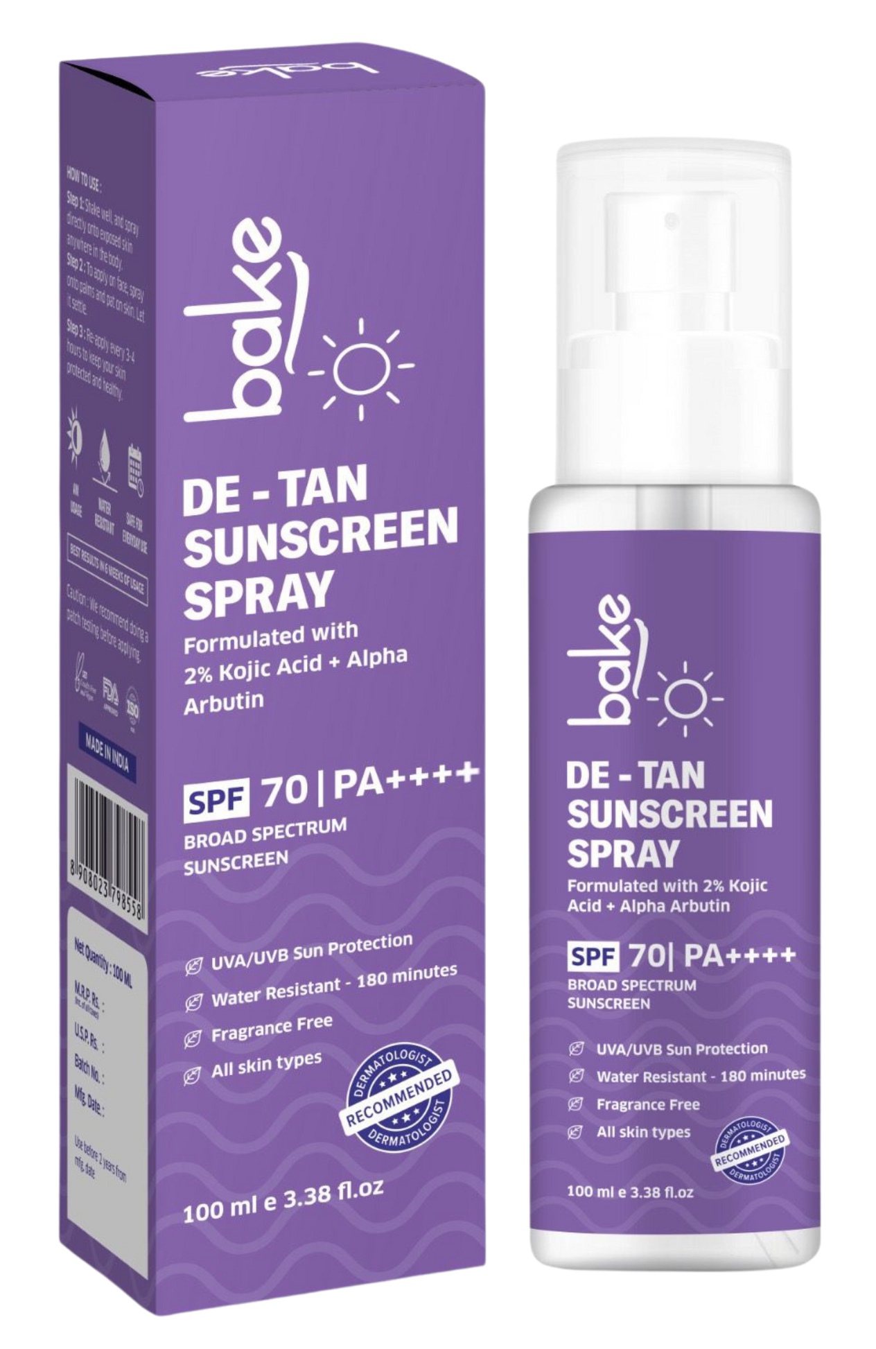 Bake De-tan Waterproof Sunscreen Spray SPF 70 Pa+++ With 2% Kojic Acid