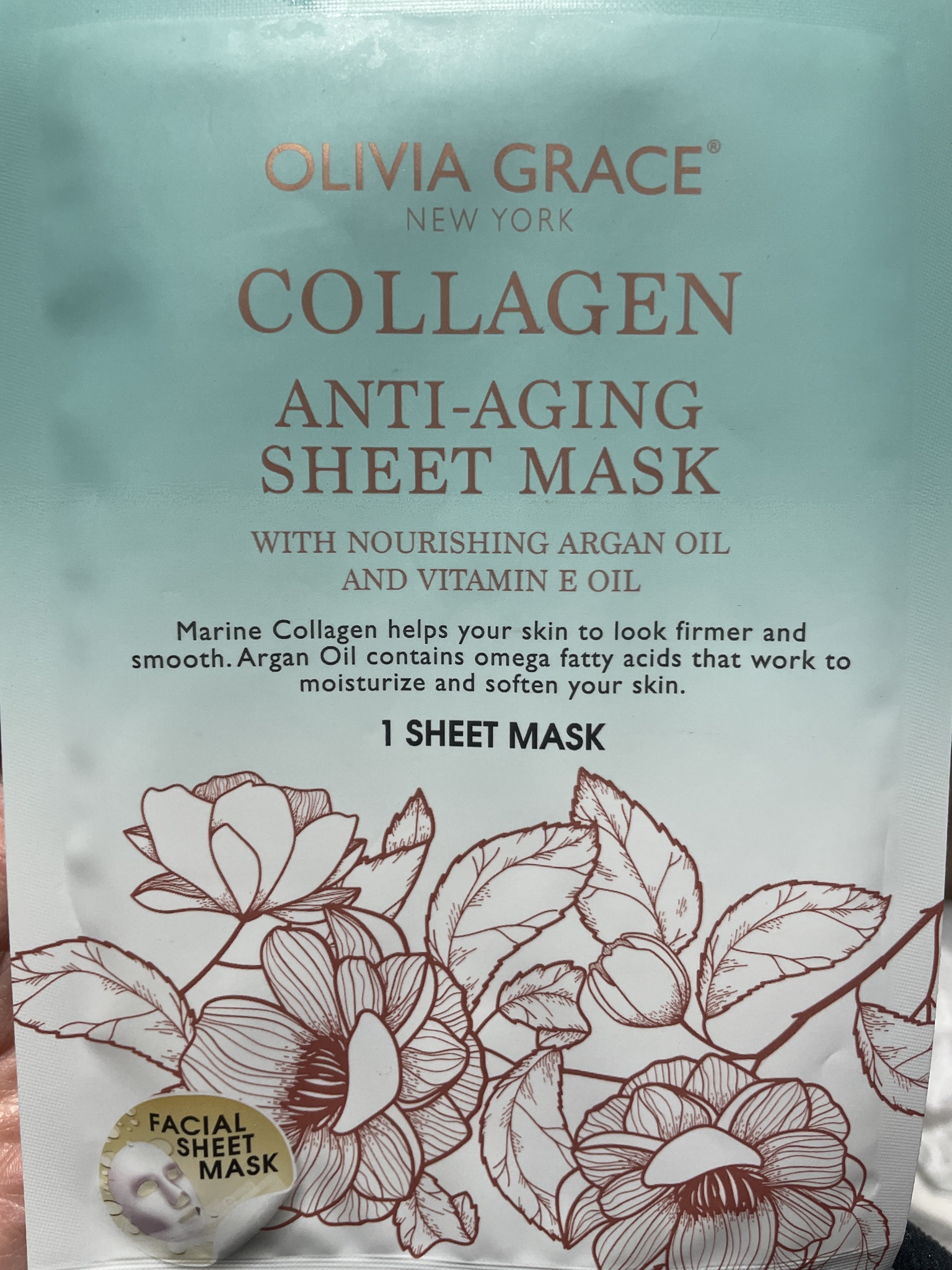 Olivia Grace New York Collagen Anti-aging Sheet Mask With Nourishing Argon Oil And Vitamin E Oil