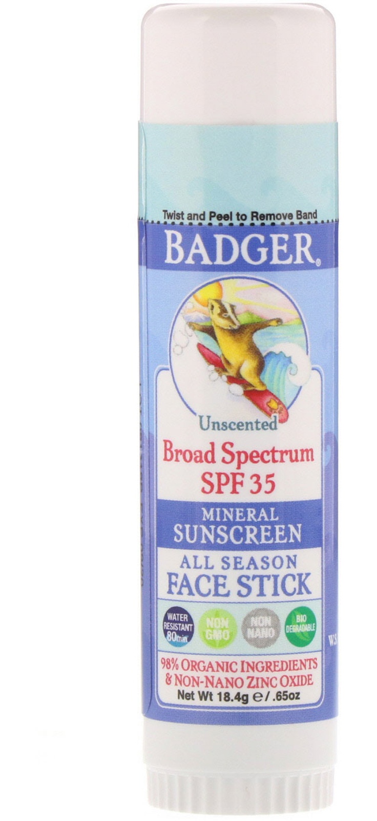 Badger Company Natural Mineral Sunscreen Face Stick, SPF 35, Unscented