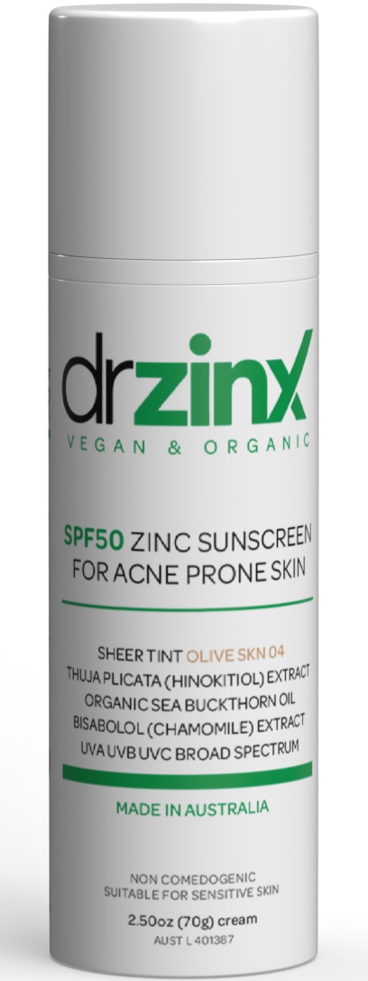 Dr ZinX Organic Tinted Mineral Sunscreen For Acne Prone Skin SPF50 Zinc + Thuja (hinokitiol)